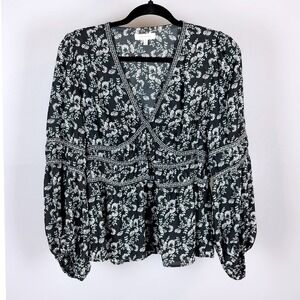 Max Studio Y2K Floral Embroidered Peplum Blouse Black Balloon Sleeve Boho